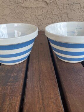 Art Deco T.G. Green Blue & White Cornishware Cereal Bowls - Pair